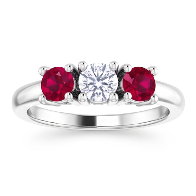 Bague 3 Pierres Diamant Naturels Extraits des Mines ( et non cultivés en laboratoire ) Rond Rubis 0.60 Carats Or Blanc 14K