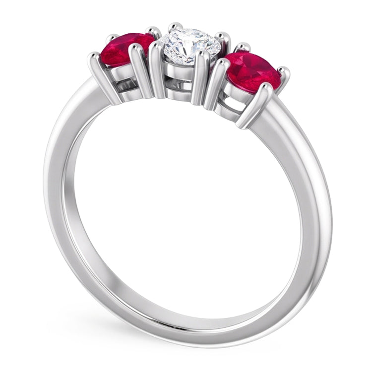 Bague 3 Pierres Diamant Naturels Extraits des Mines ( et non cultivés en laboratoire ) Rond Rubis 0.60 Carats Or Blanc 14K