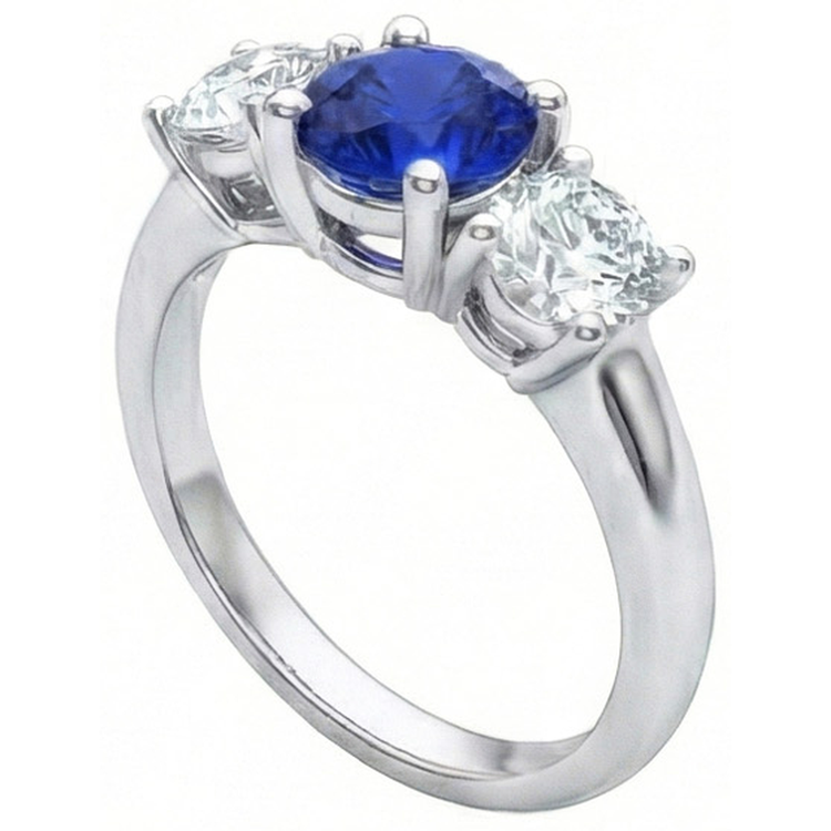 Bague 3 Pierres Diamant Naturels Extraits des Mines ( et non cultivés en laboratoire ) Saphir Bleu Ceylan Or Blanc 14K 3.5 Carats