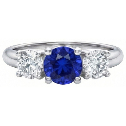 Bague 3 Pierres Diamant Naturels Extraits des Mines ( et non cultivés en laboratoire ) Saphir Bleu Ceylan Or Blanc 14K 3.5 Carats