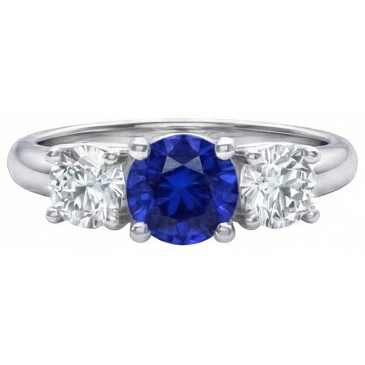 Bague 3 Pierres Diamant Naturels Extraits des Mines ( et non cultivés en laboratoire ) Saphir Bleu Ceylan Or Blanc 14K 3.5 Carats