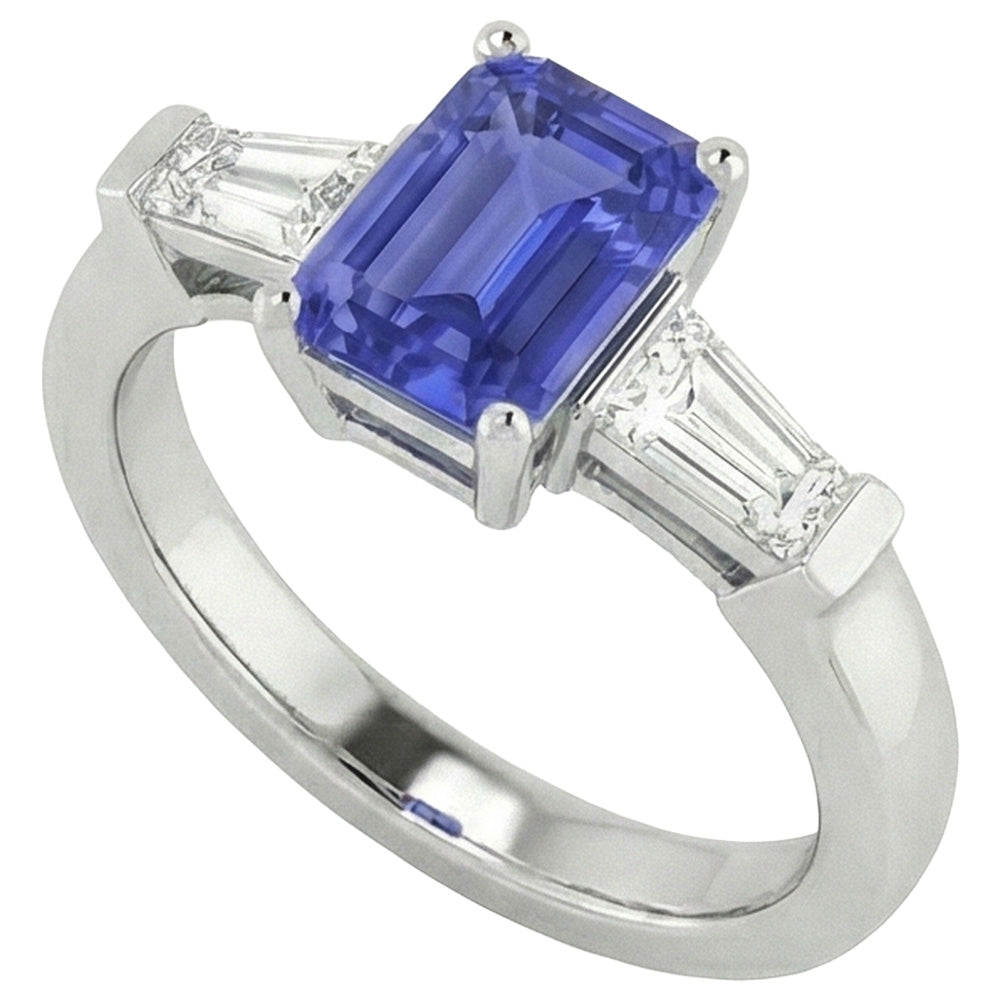 Bague 3 Pierres Diamants Baguette Saphir Bleu Taille Émeraude 1.75 Carats