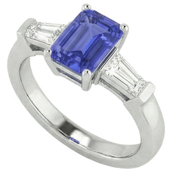 Bague 3 Pierres Diamants Baguette Saphir Bleu Taille Émeraude 1.75 Carats