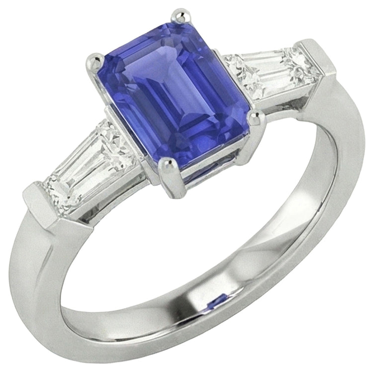 Bague 3 Pierres Diamants Baguette Saphir Bleu Taille Émeraude 1.75 Carats