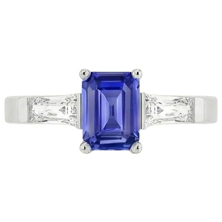 Bague 3 Pierres Diamants Baguette Saphir Bleu Taille Émeraude 1.75 Carats