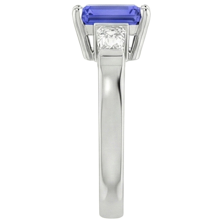 Bague 3 Pierres Diamants Baguette Saphir Bleu Taille Émeraude 1.75 Carats