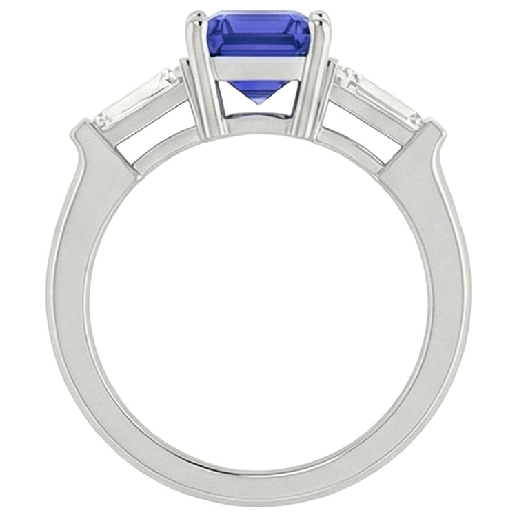 Bague 3 Pierres Diamants Baguette Saphir Bleu Taille Émeraude 1.75 Carats