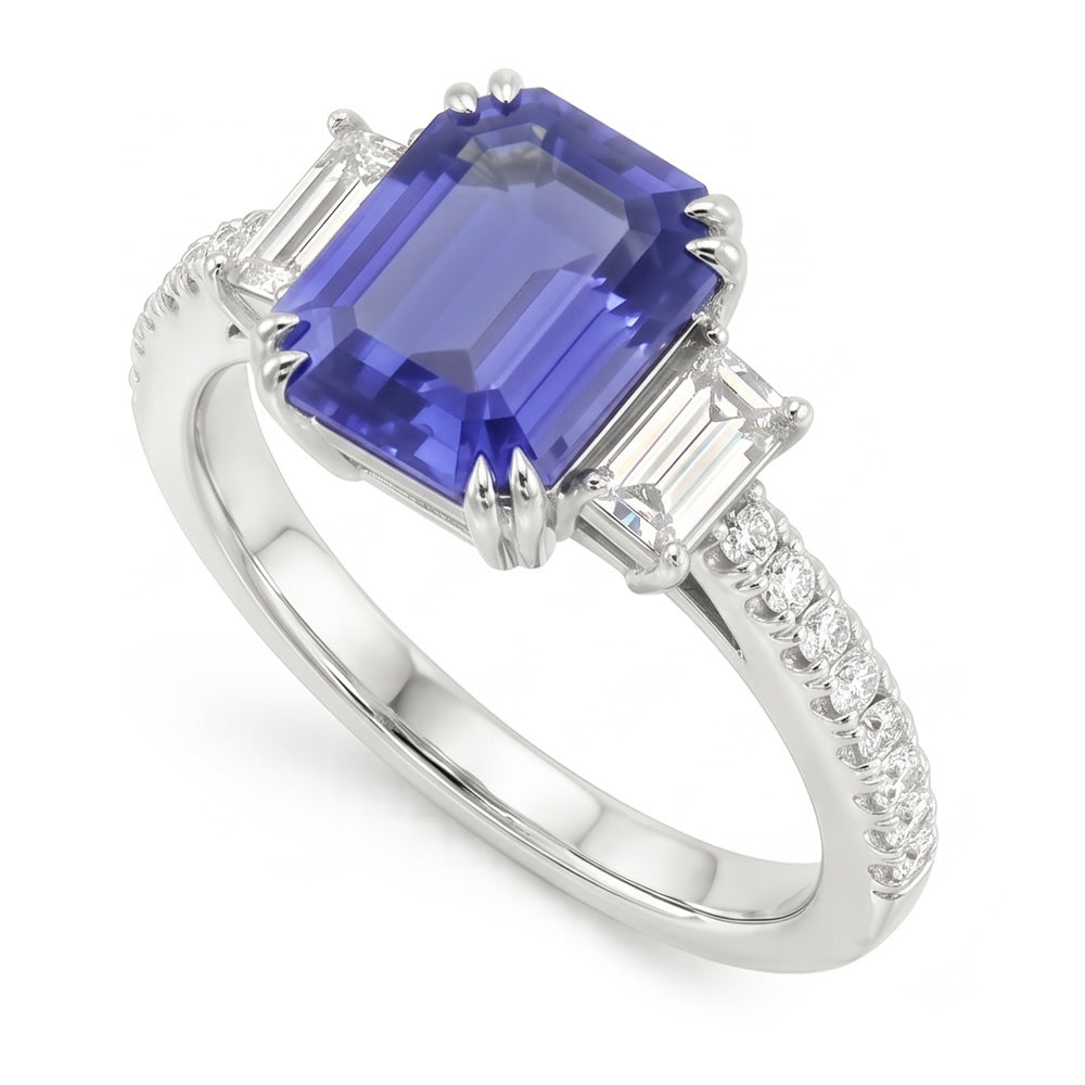 Bague 3 Pierres Emeraude Srilanka Saphir & Pavé Diamants 3.50 Carats