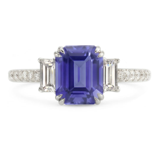 Bague 3 Pierres Emeraude Srilanka Saphir & Pavé Diamants 3.50 Carats