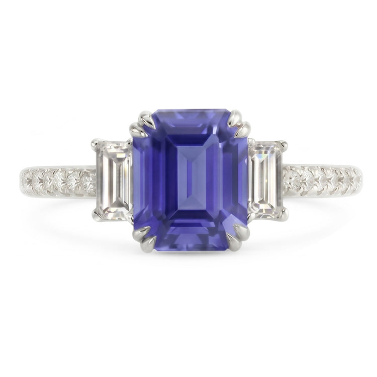 Bague 3 Pierres Emeraude Srilanka Saphir & Pavé Diamants 3.50 Carats