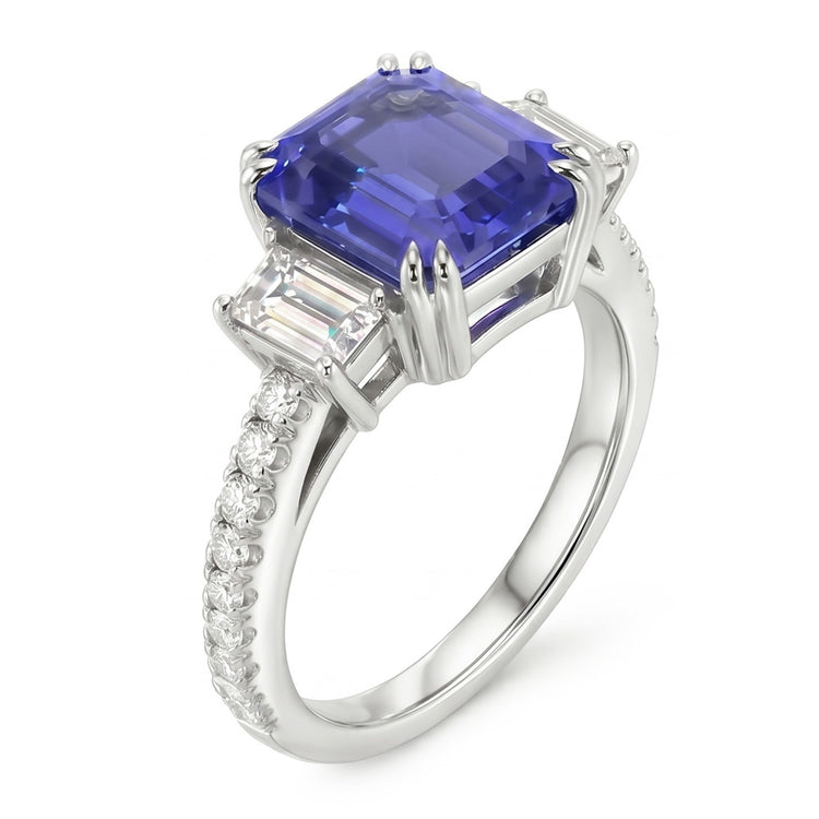 Bague 3 Pierres Emeraude Srilanka Saphir & Pavé Diamants 3.50 Carats