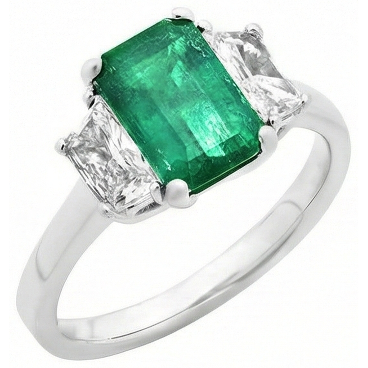 Bague 3 Pierres Emeraude Verte 2.50 Carats Et Diamant Naturels Extraits des Mines ( et non cultivés en laboratoire ) Or Blanc 14K