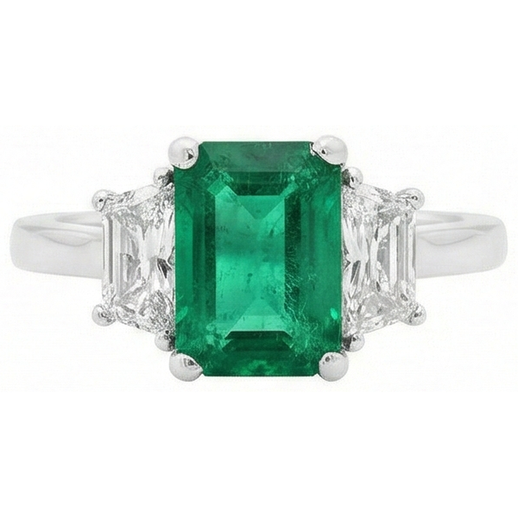 Bague 3 Pierres Emeraude Verte 2.50 Carats Et Diamant Naturels Extraits des Mines ( et non cultivés en laboratoire ) Or Blanc 14K