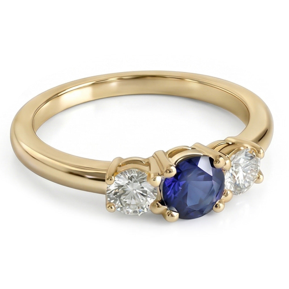 Bague 3 Pierres Or Jaune Saphir Bleu Rond & Diamants 1.50 Carats