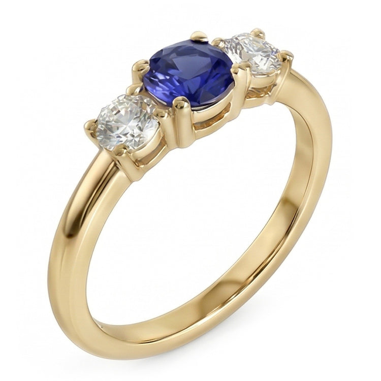 Bague 3 Pierres Or Jaune Saphir Bleu Rond & Diamants 1.50 Carats