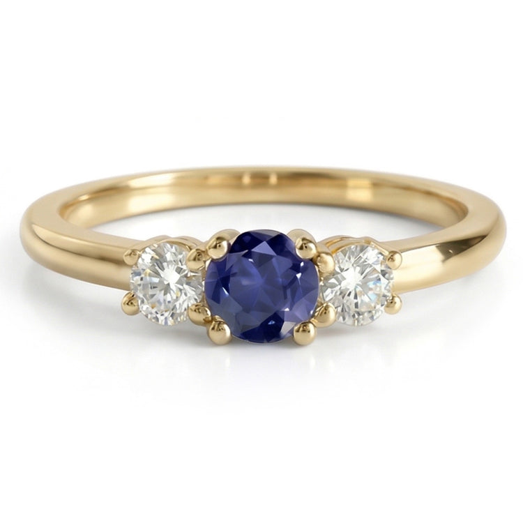 Bague 3 Pierres Or Jaune Saphir Bleu Rond & Diamants 1.50 Carats