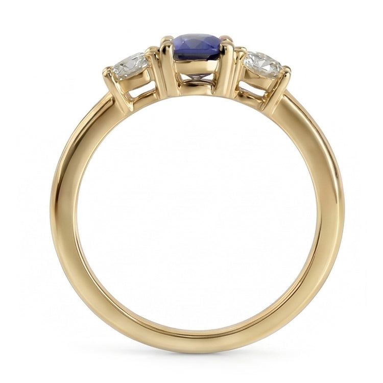 Bague 3 Pierres Or Jaune Saphir Bleu Rond & Diamants 1.50 Carats