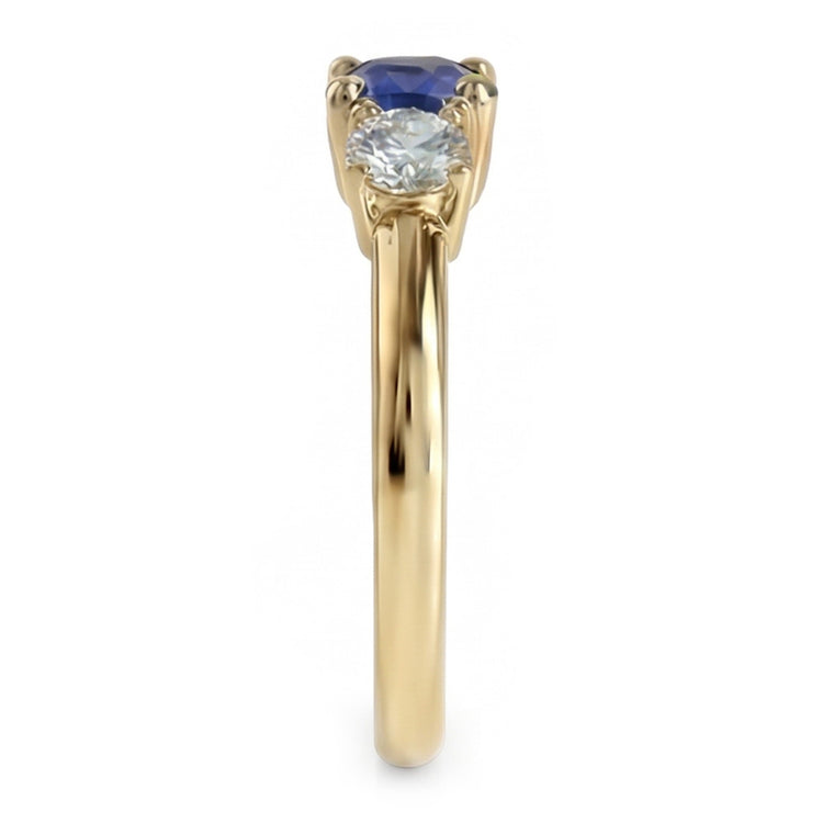 Bague 3 Pierres Or Jaune Saphir Bleu Rond & Diamants 1.50 Carats
