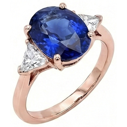Bague 3 Pierres Or Rose Saphir Bleu Ovale & Diamant Naturels Extraits des Mines ( et non cultivés en laboratoire ) 8.25 Carats