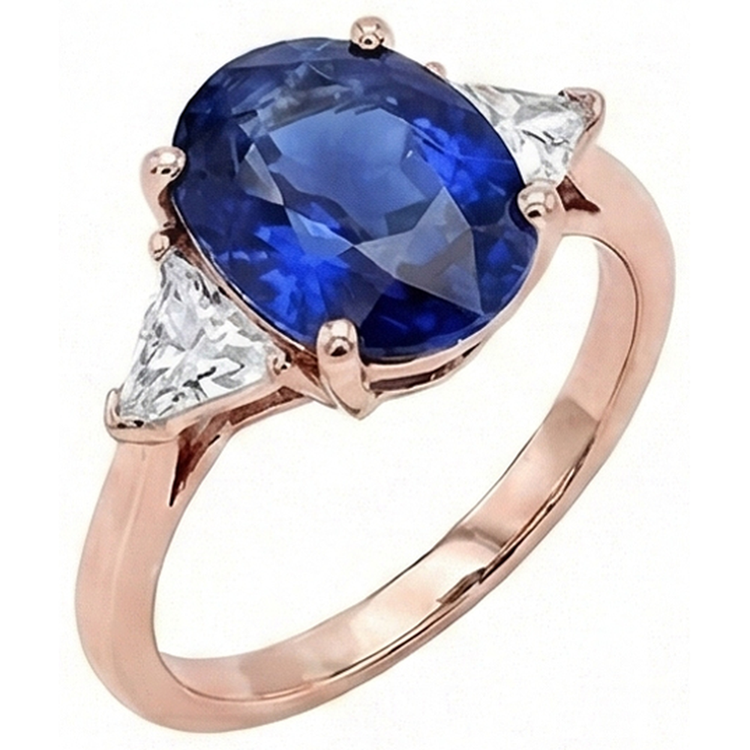 Bague 3 Pierres Or Rose Saphir Bleu Ovale & Diamant Naturels Extraits des Mines ( et non cultivés en laboratoire ) 8.25 Carats