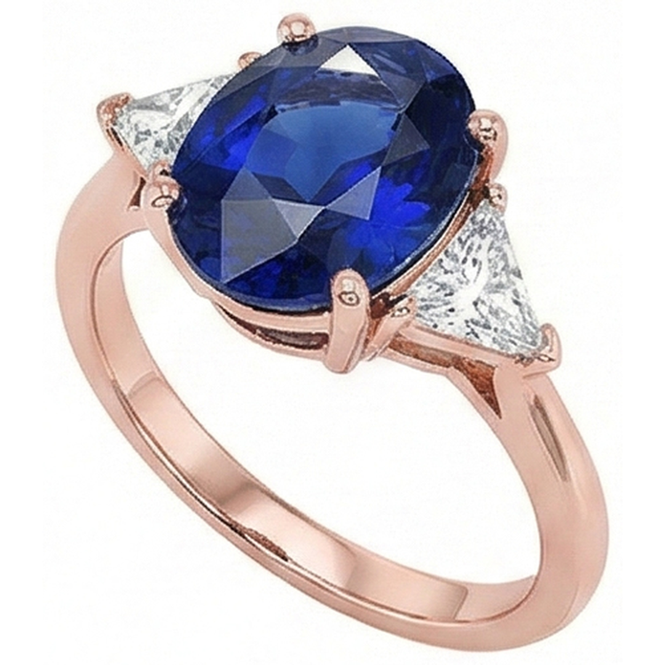 Bague 3 Pierres Or Rose Saphir Bleu Ovale & Diamant Naturels Extraits des Mines ( et non cultivés en laboratoire ) 8.25 Carats