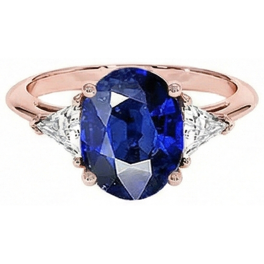 Bague 3 Pierres Or Rose Saphir Bleu Ovale & Diamant Naturels Extraits des Mines ( et non cultivés en laboratoire ) 8.25 Carats