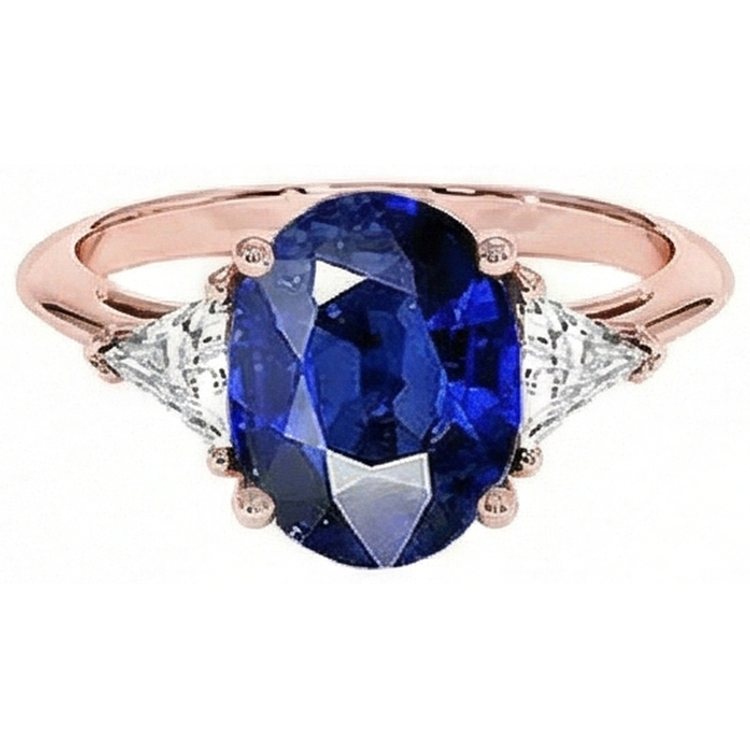 Bague 3 Pierres Or Rose Saphir Bleu Ovale & Diamant Naturels Extraits des Mines ( et non cultivés en laboratoire ) 8.25 Carats