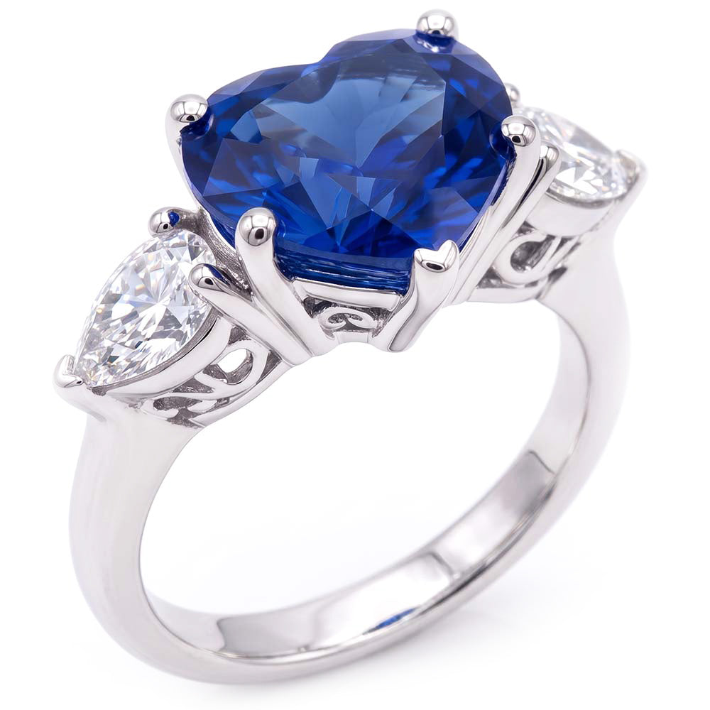 Bague 3 Pierres Poire Diamant & Coeur Saphir Bleu Bijoux Or 3 Carats