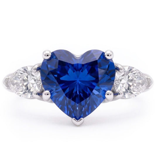Bague 3 Pierres Poire Diamant & Coeur Saphir Bleu Bijoux Or 3 Carats