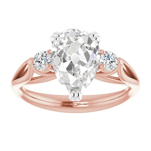 Bague 3 Pierres Poire Vieux Mineur Véritable Diamant Split Tige Or 5 Carats 14K