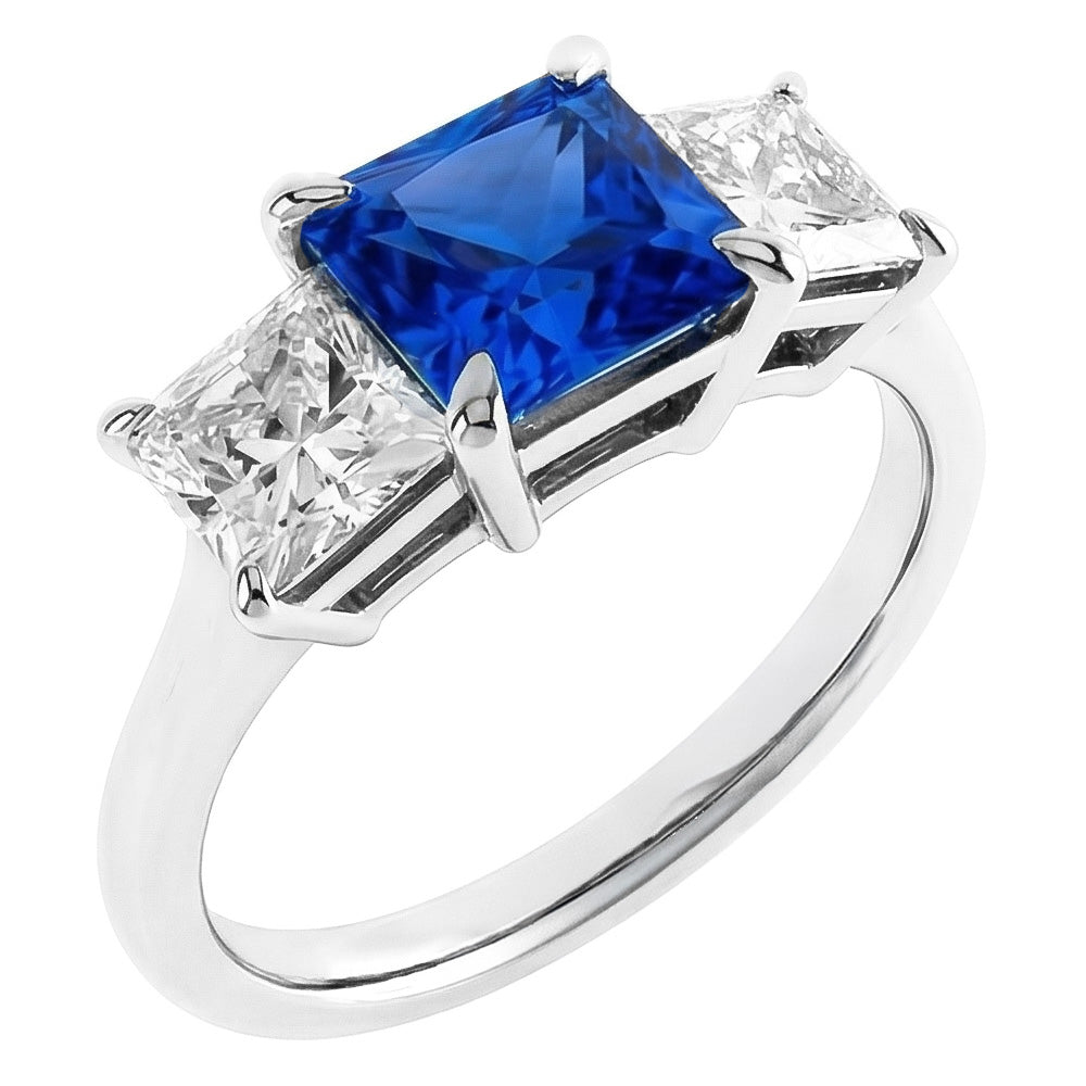 Bague 3 Pierres Princesse Prong Serti Saphir Ceylan & Diamants 2 Carats