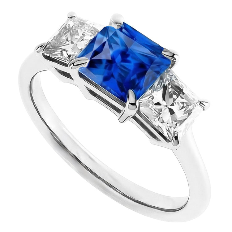Bague 3 Pierres Princesse Prong Serti Saphir Ceylan & Diamants 2 Carats
