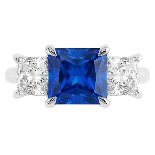 Bague 3 Pierres Princesse Prong Serti Saphir Ceylan & Diamants 2 Carats