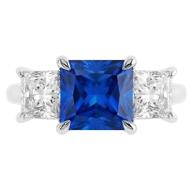 Bague 3 Pierres Princesse Prong Serti Saphir Ceylan & Diamants 2 Carats