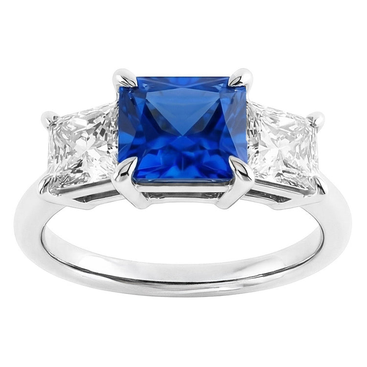 Bague 3 Pierres Princesse Prong Serti Saphir Ceylan & Diamants 2 Carats