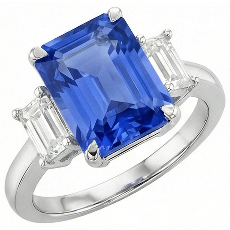 Bague 3 Pierres Radiant Saphir & Émeraude Diamant Bijoux 4 Carats