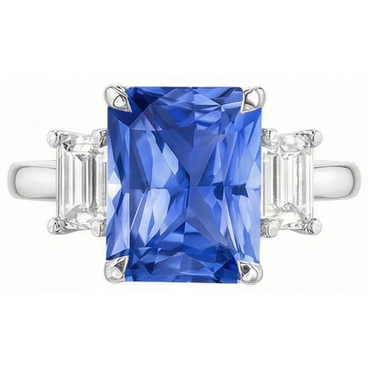 Bague 3 Pierres Radiant Saphir & Émeraude Diamant Bijoux 4 Carats