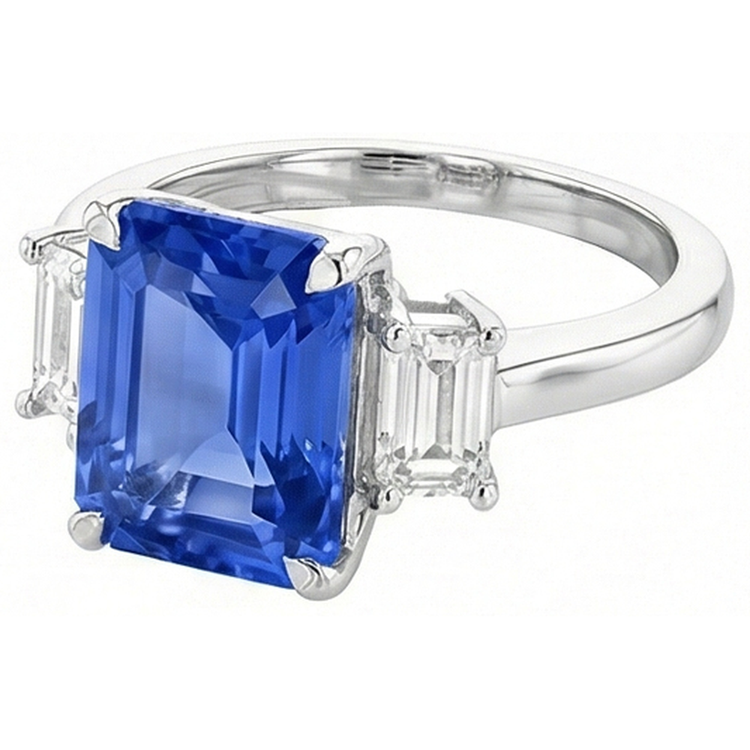 Bague 3 Pierres Radiant Saphir & Émeraude Diamant Bijoux 4 Carats
