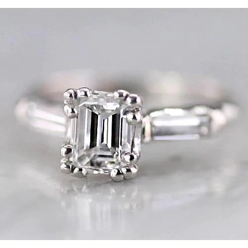 Bague 3 Pierres Réel Diamant Émeraude 1.60 Carats Baguettes Or Blanc 14K