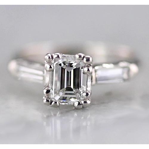 Bague 3 Pierres Réel Diamant Émeraude 1.60 Carats Baguettes Or Blanc 14K