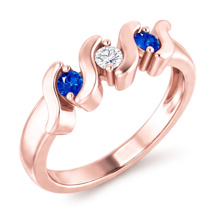 Bague 3 Pierres Réel Diamant Naturels Extraits des Mines ( et non cultivés en laboratoire ) Saphir Bleu 0.90 Carats Or Rose 14K