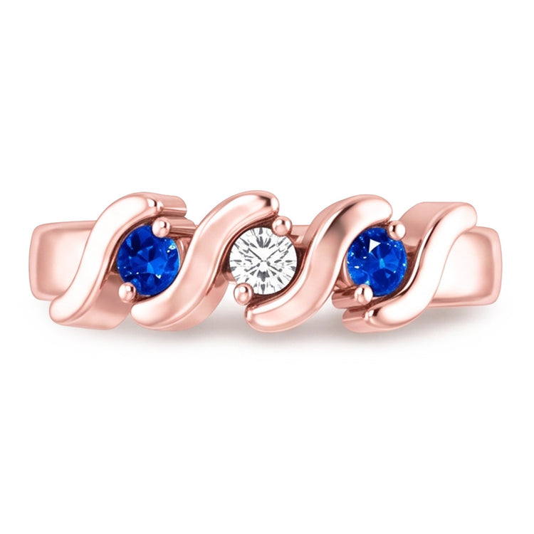 Bague 3 Pierres Réel Diamant Naturels Extraits des Mines ( et non cultivés en laboratoire ) Saphir Bleu 0.90 Carats Or Rose 14K
