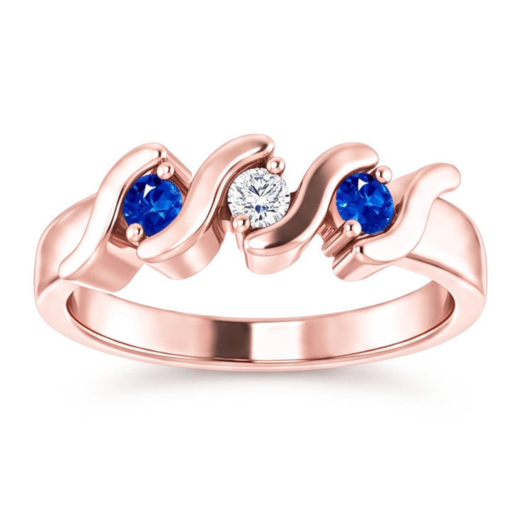 Bague 3 Pierres Réel Diamant Naturels Extraits des Mines ( et non cultivés en laboratoire ) Saphir Bleu 0.90 Carats Or Rose 14K