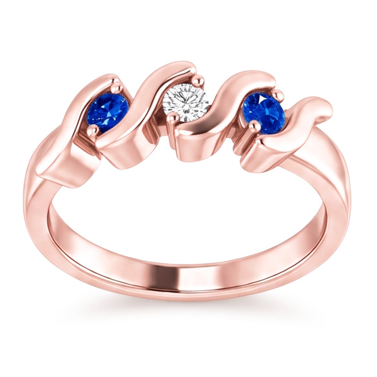 Bague 3 Pierres Réel Diamant Naturels Extraits des Mines ( et non cultivés en laboratoire ) Saphir Bleu 0.90 Carats Or Rose 14K