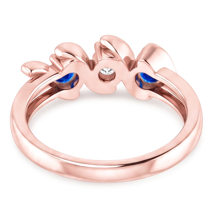 Bague 3 Pierres Réel Diamant Naturels Extraits des Mines ( et non cultivés en laboratoire ) Saphir Bleu 0.90 Carats Or Rose 14K