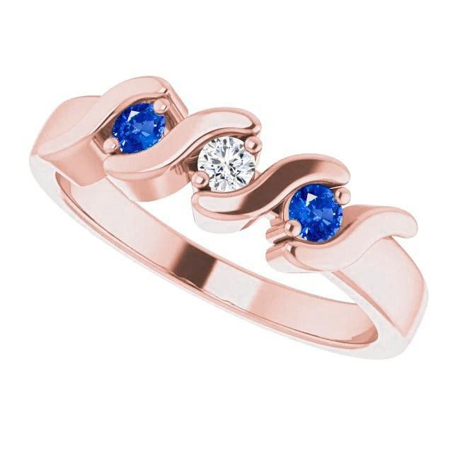 Bague 3 Pierres Réel Diamant Saphir Bleu 0.90 Carats Or Rose 14K
