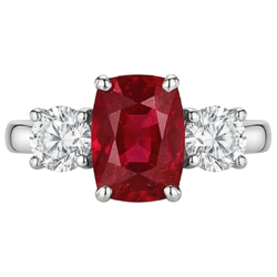 Bague 3 Pierres Rubis Rouge Et Diamants Naturels Extraits des Mines ( et non cultivés en laboratoire ) 4.50 Carats Or 14K