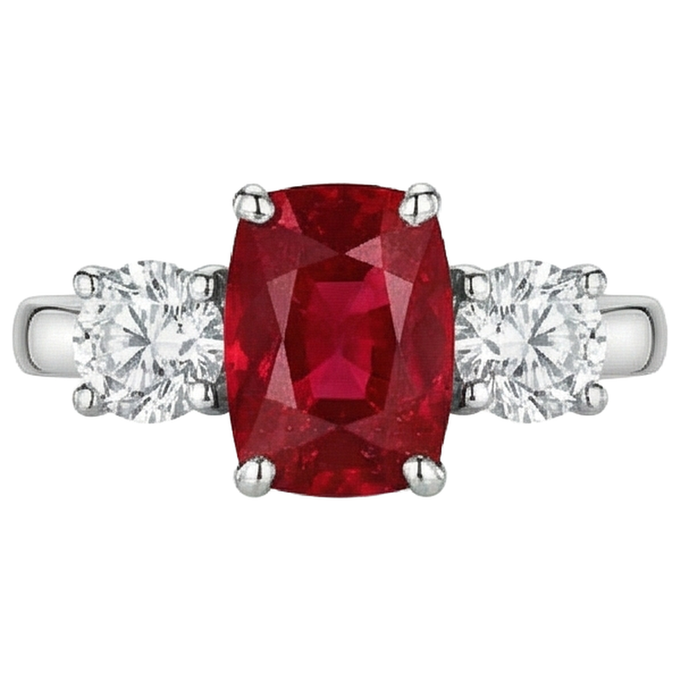 Bague 3 Pierres Rubis Rouge Et Diamants Naturels Extraits des Mines ( et non cultivés en laboratoire ) 4.50 Carats Or 14K