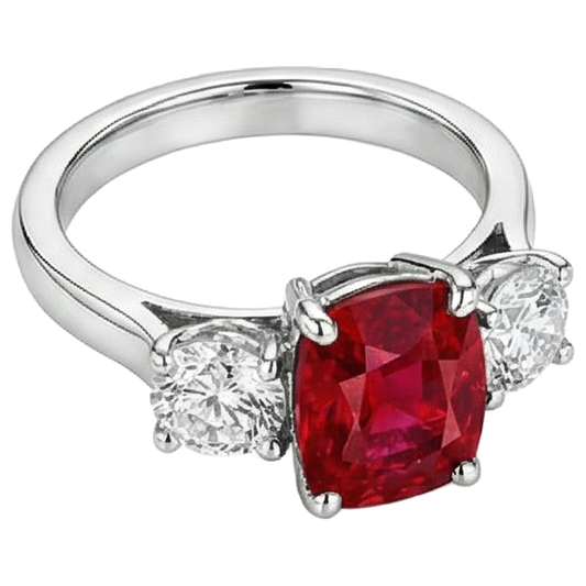 Bague 3 Pierres Rubis Rouge Et Diamants Naturels Extraits des Mines ( et non cultivés en laboratoire ) 4.50 Carats Or 14K