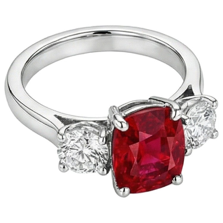 Bague 3 Pierres Rubis Rouge Et Diamants Naturels Extraits des Mines ( et non cultivés en laboratoire ) 4.50 Carats Or 14K